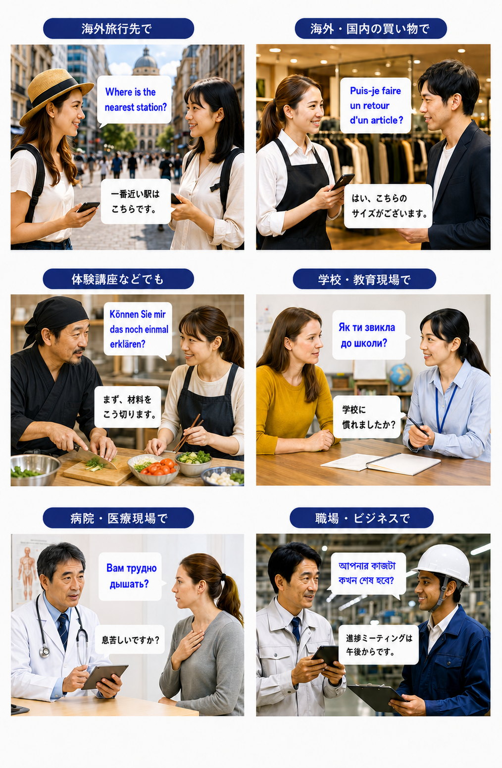 旅行・買い物・体験講座・学校・医療・ビジネスでの利用シーン