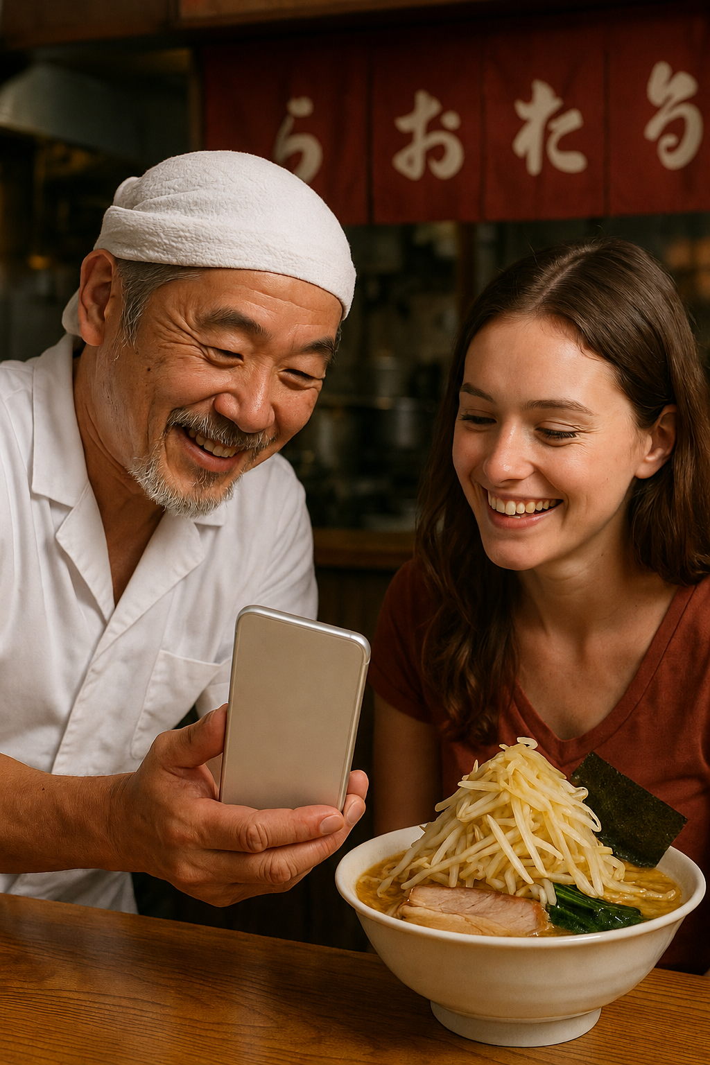 A Western tourist communicating with a Japanese ramen shop owner.