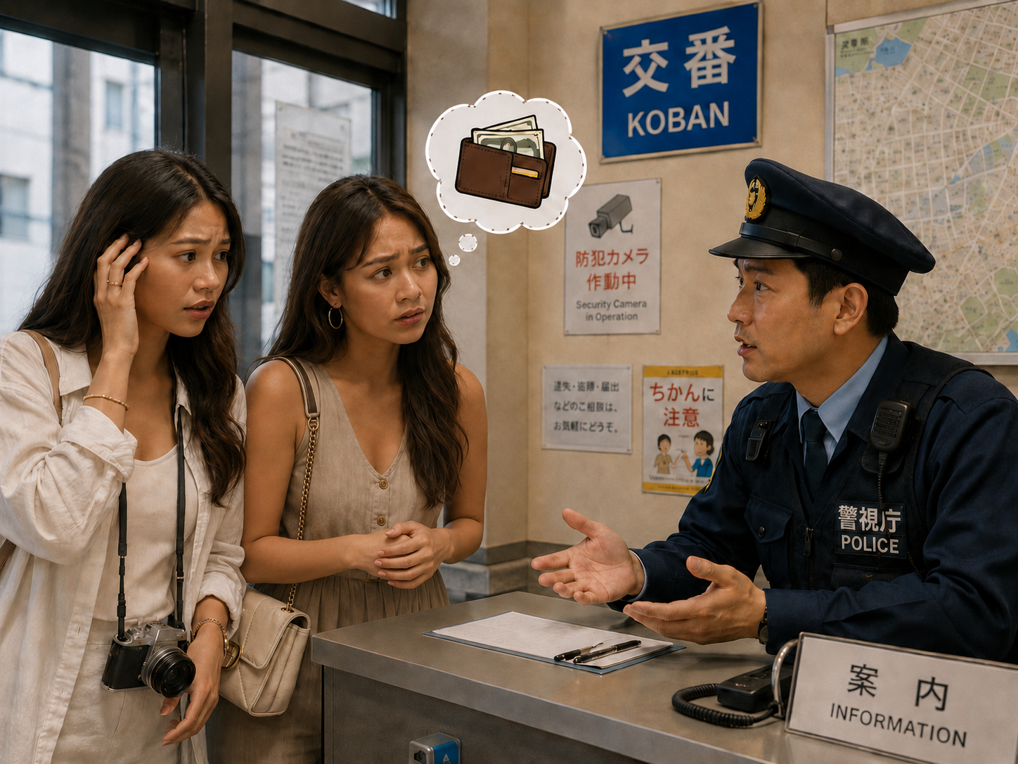 Southeast Asian tourists asking a Japanese police officer for help with a lost wallet.