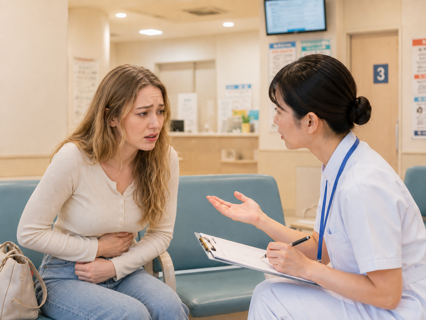 A Western tourist explaining a stomachache to a Japanese medical professional.