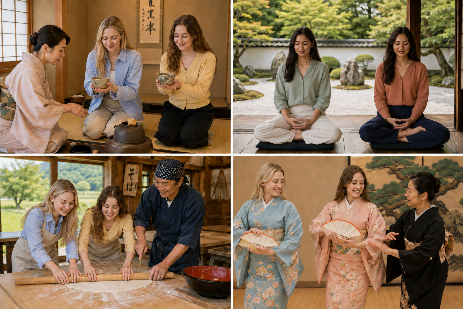 Tourists experiencing a tea ceremony, Zen meditation, soba making, and kimono culture in Japan.