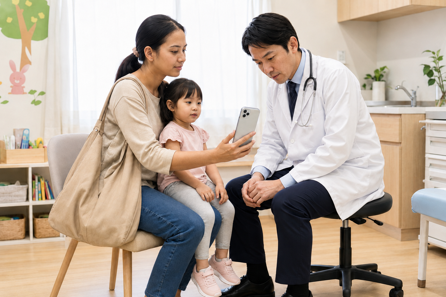 A mother using Talk=IKIGAI while speaking with a doctor about her child.