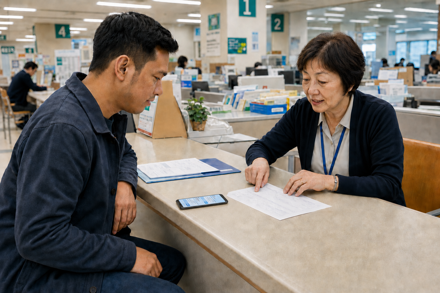A foreign resident speaking with a staff member at a Japanese government office.