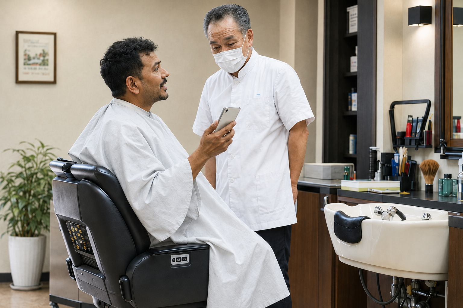 A foreign resident communicating with a barber in Japan.