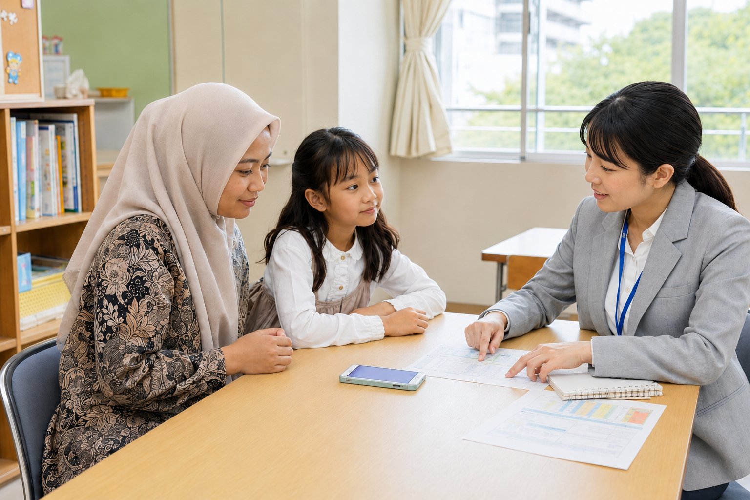 A mother and child speaking with a teacher at a Japanese school.