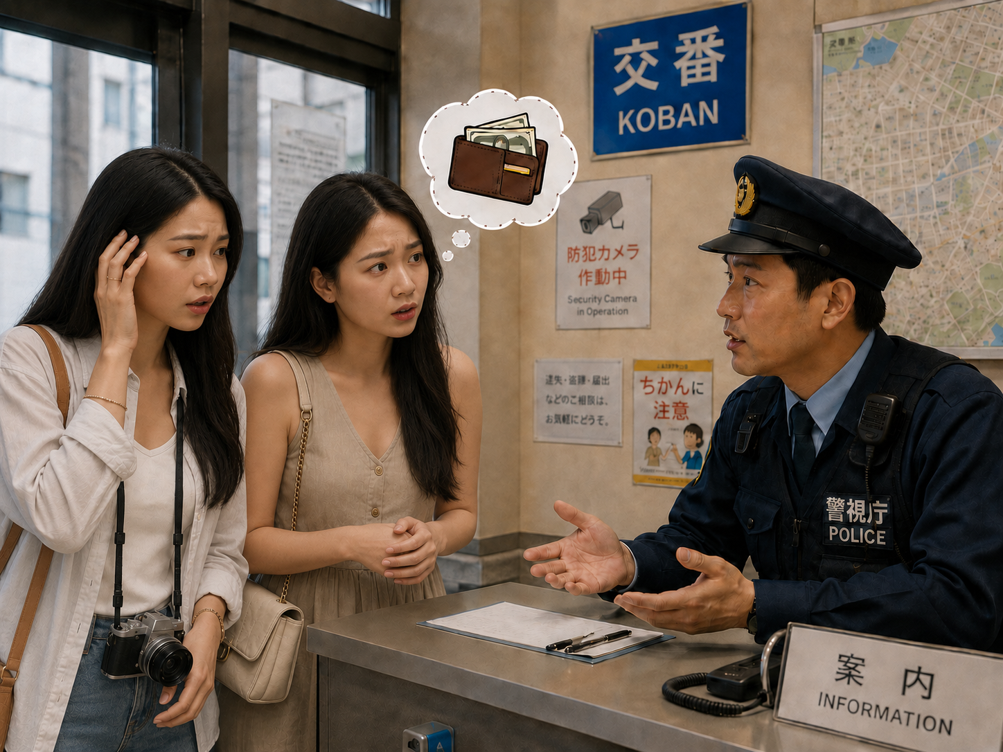 中国游客向日本警察求助寻找丢失的钱包。