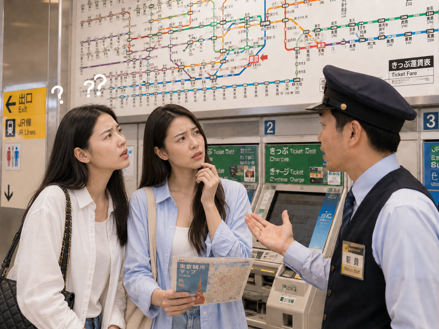 中国游客向日本车站工作人员询问应乘坐哪趟电车。