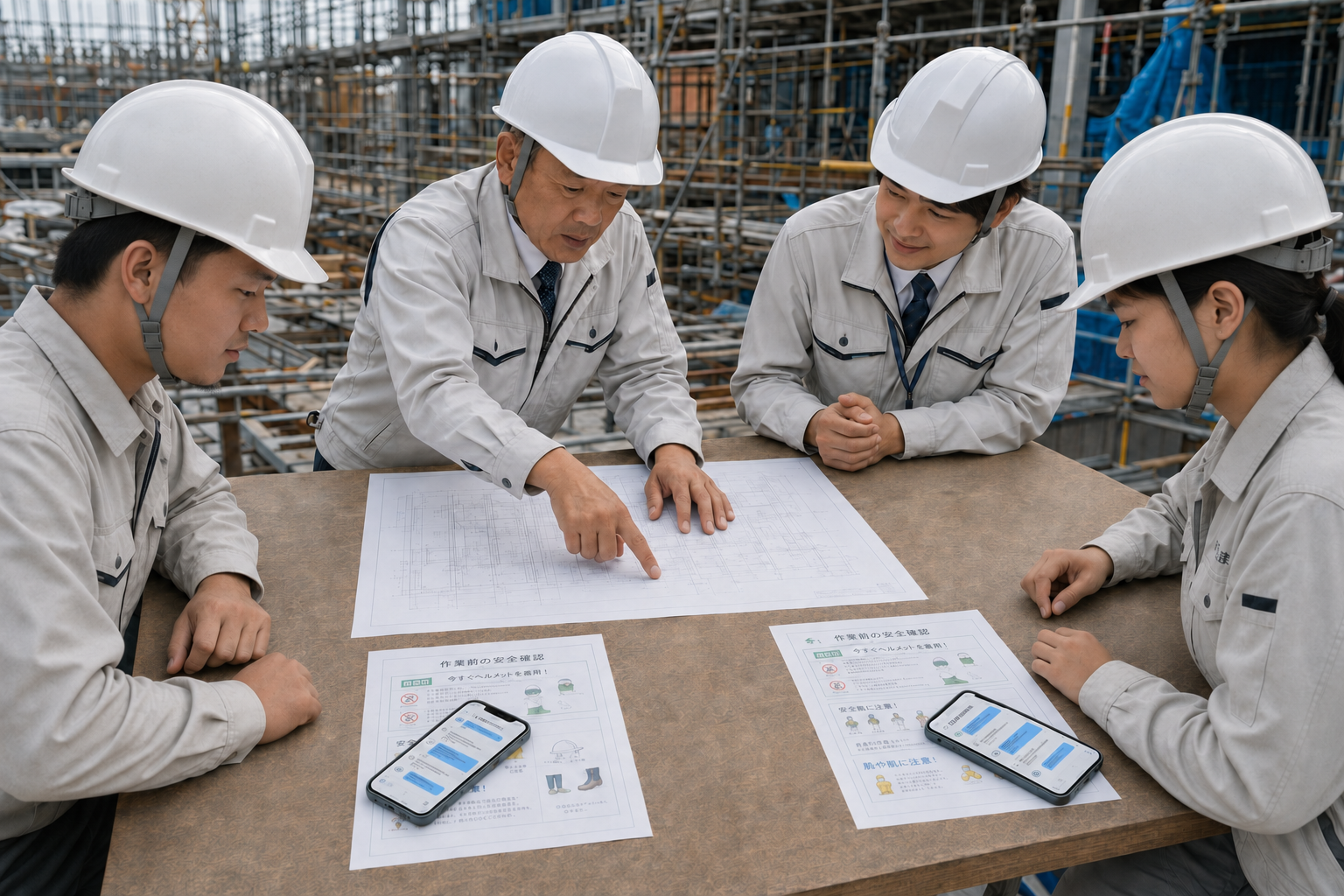 中国实习生与日本指导者确认施工计划。